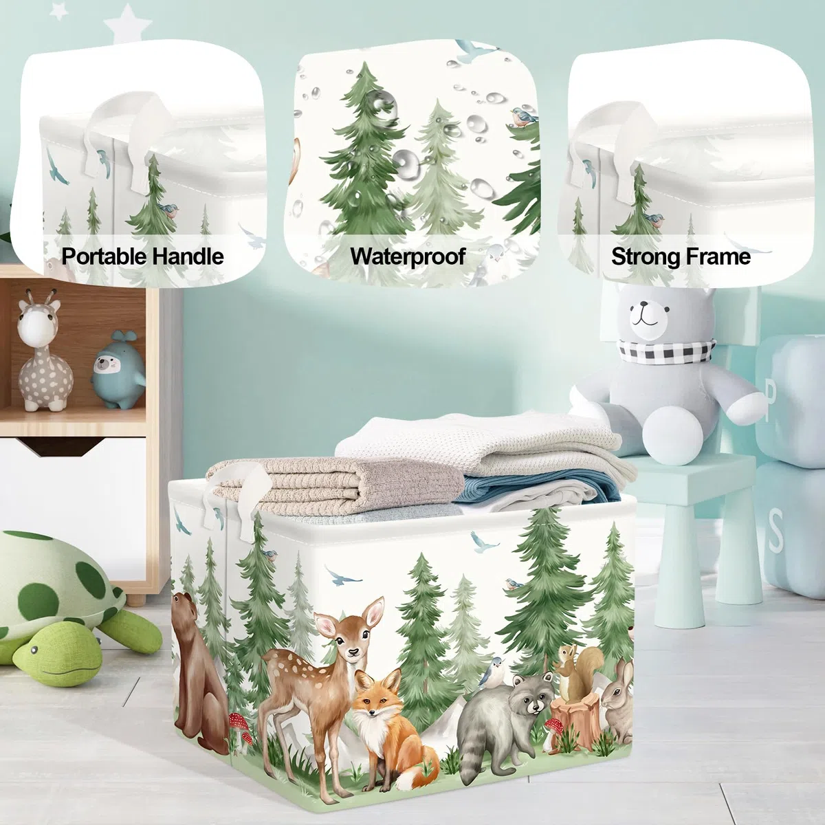 Grand Paniers à Linge Animaux de Forêt pour Garçon Fille Renard Roux Repliable Panier Rangement Jouets Vêtements pour Salle de Bain Chambre à Coucher, Cerf, 36L