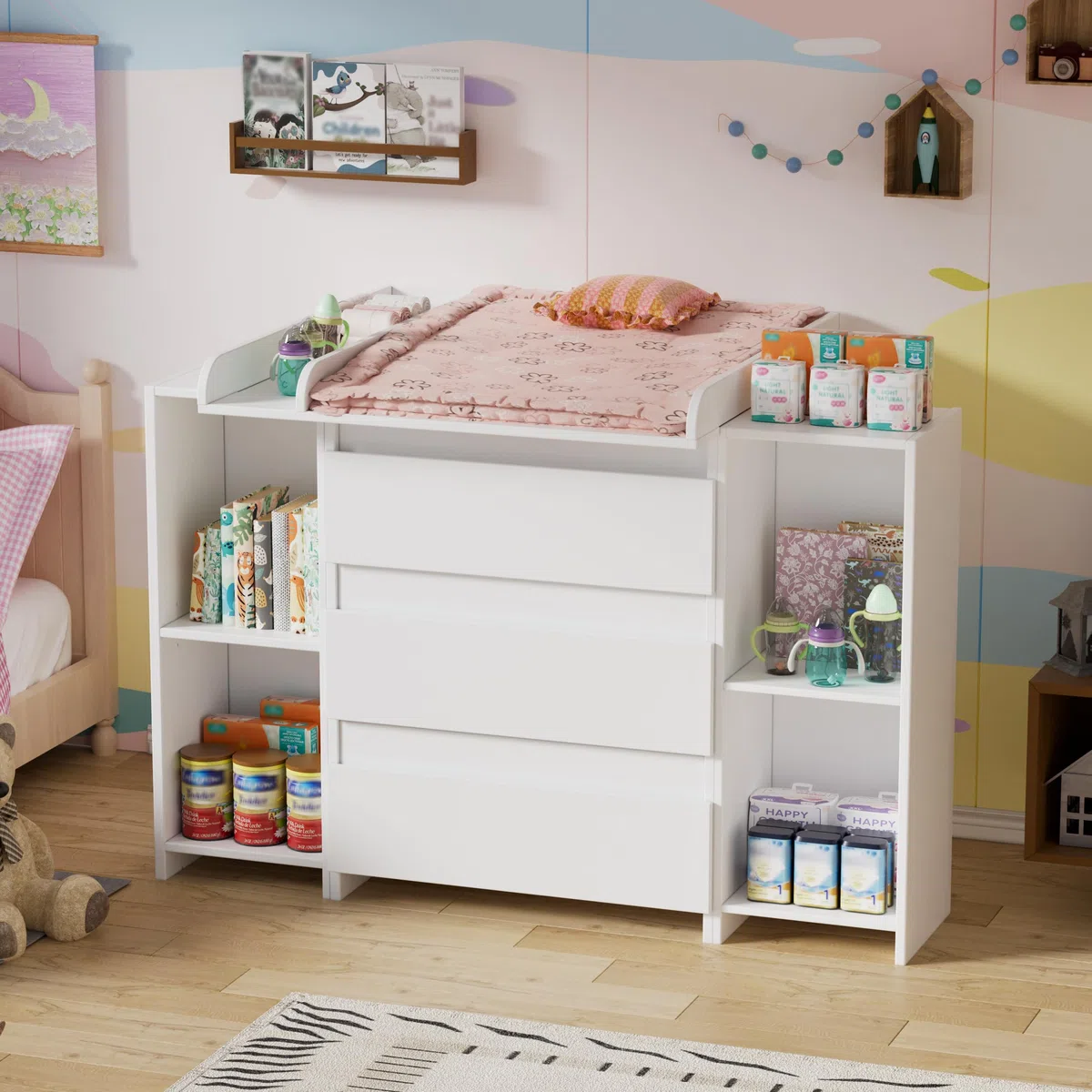 MSFE Table a Langer Bebe,2 et 1 Commode avec Amovible Plan à langer,Compacte Enfant Meuble Tables à Langer avec 3 Tiroirs et 6 Ouverts,Convient pour une Chambre d'enfant,73x70x78cm/113x32x70cm,Blanc