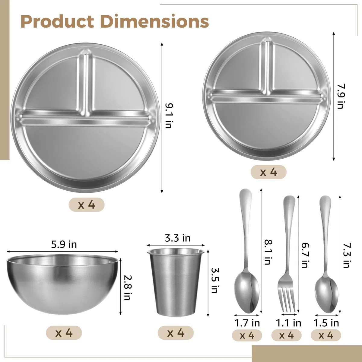 Lot de 28 pièces : kit repas de camping extérieur en acier inoxydable, assiettes, bols, gobelets, fourchettes et cuillères, vaisselle polie pour randonnée, backpacking, pique-nique