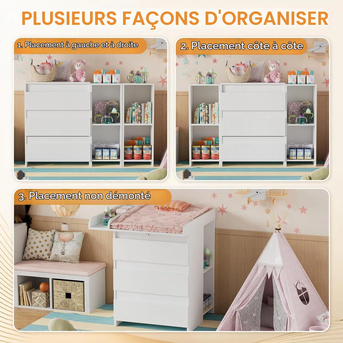 MSFE Table a Langer Bebe,2 et 1 Commode avec Amovible Plan à langer,Compacte Enfant Meuble Tables à Langer avec 3 Tiroirs et 6 Ouverts,Convient pour une Chambre d'enfant,73x70x78cm/113x32x70cm,Blanc