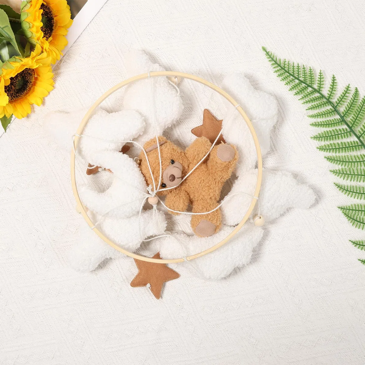 Cloche de lit mobile en bois pour bébé avec ours, étoiles, nuages, lunes, mobile pour cadeau fille garçon (marron)