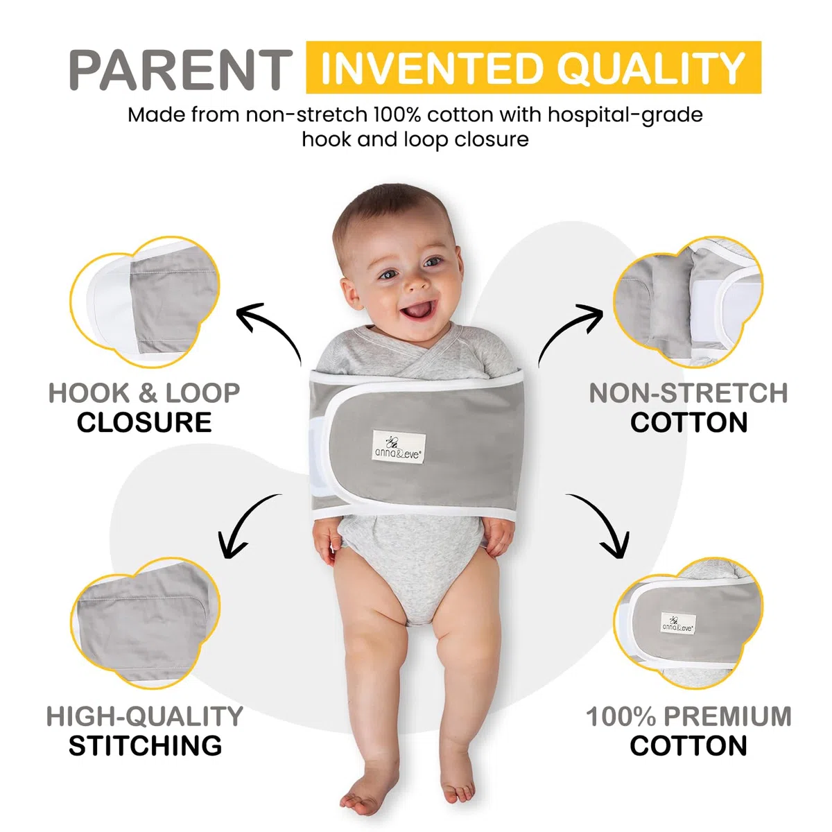 Anna & Eve Lange pour Nouveau-nés et Nourrissons – 100% Coton – Pas de surchauffe – Bras d'origine Uniquement – Lange réglable de Petite Taille, Convient pour Poitrine de 34,3 cm à 43,2 cm – Gris