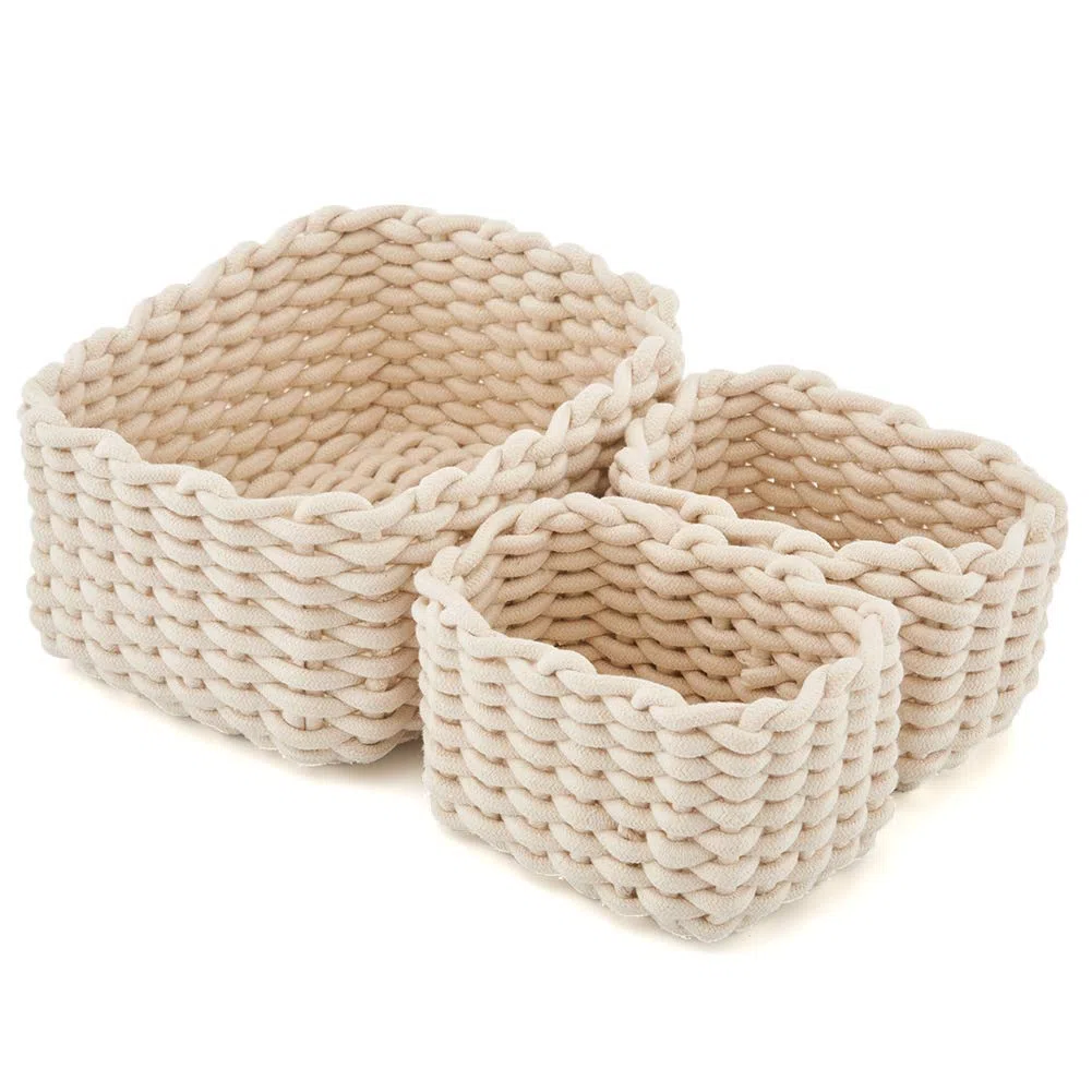 EZOWare Panier de Rangement en Corde de Coton, Boîte de Rangement, Organiseur de Placard pour Bureau, Salle de Bain, Chambre de bébé – Lot de 3 ivoire,
