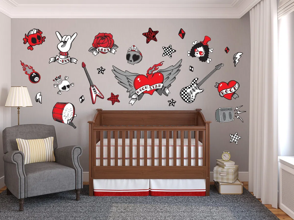 Rock Star Stickers muraux en tissu pour garçons – Taille Jumbo – Guitares, crânes, cœur, étoiles, batterie et plus encore