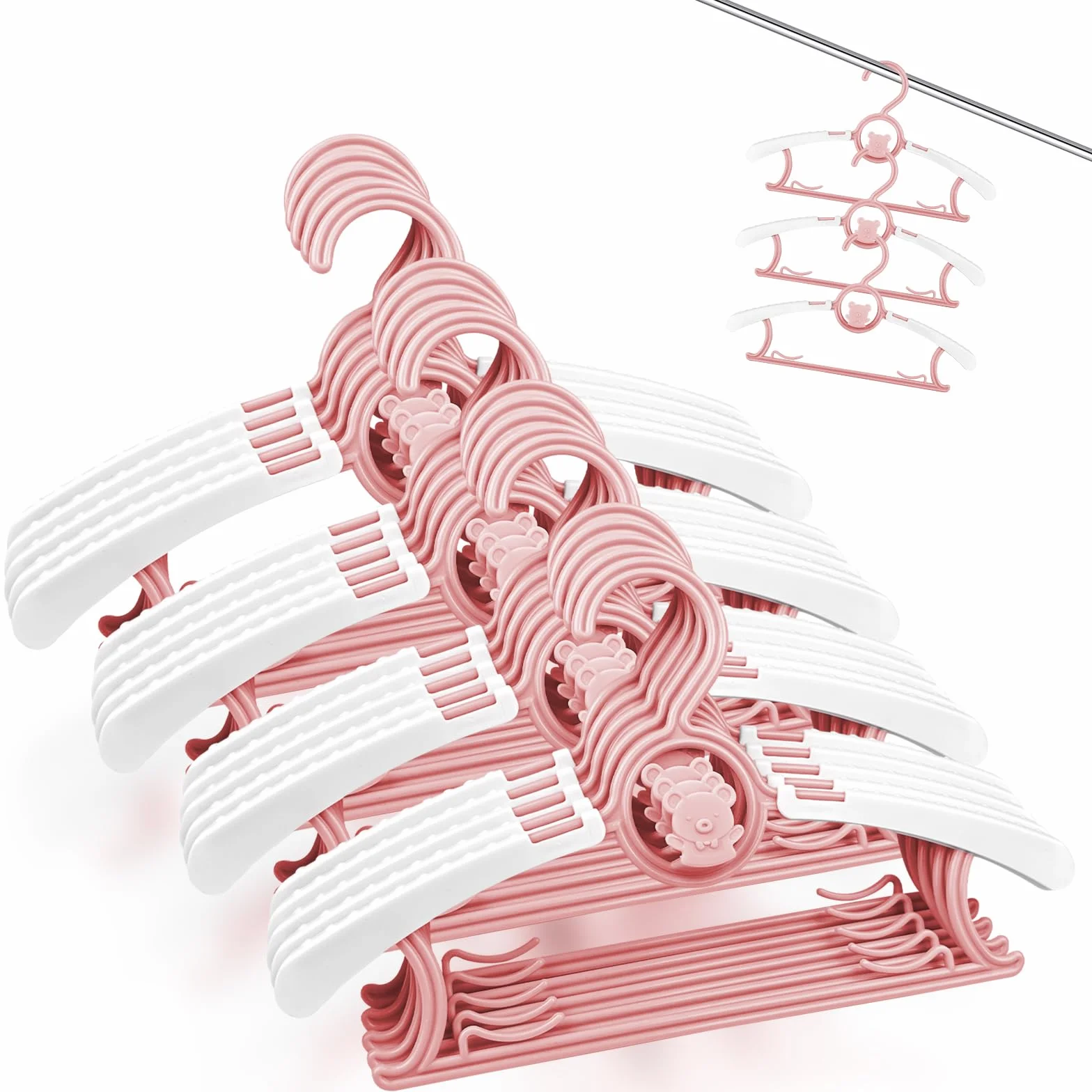 Fousenuk Lot de 20 Cintre Enfant Rose, Cintres Bébé Plastique Antidérapants avec Crochets Empilables Forme d'ours, Cintres pour Enfants Extensibles pour Bébés, Tout-Petits, Enfants