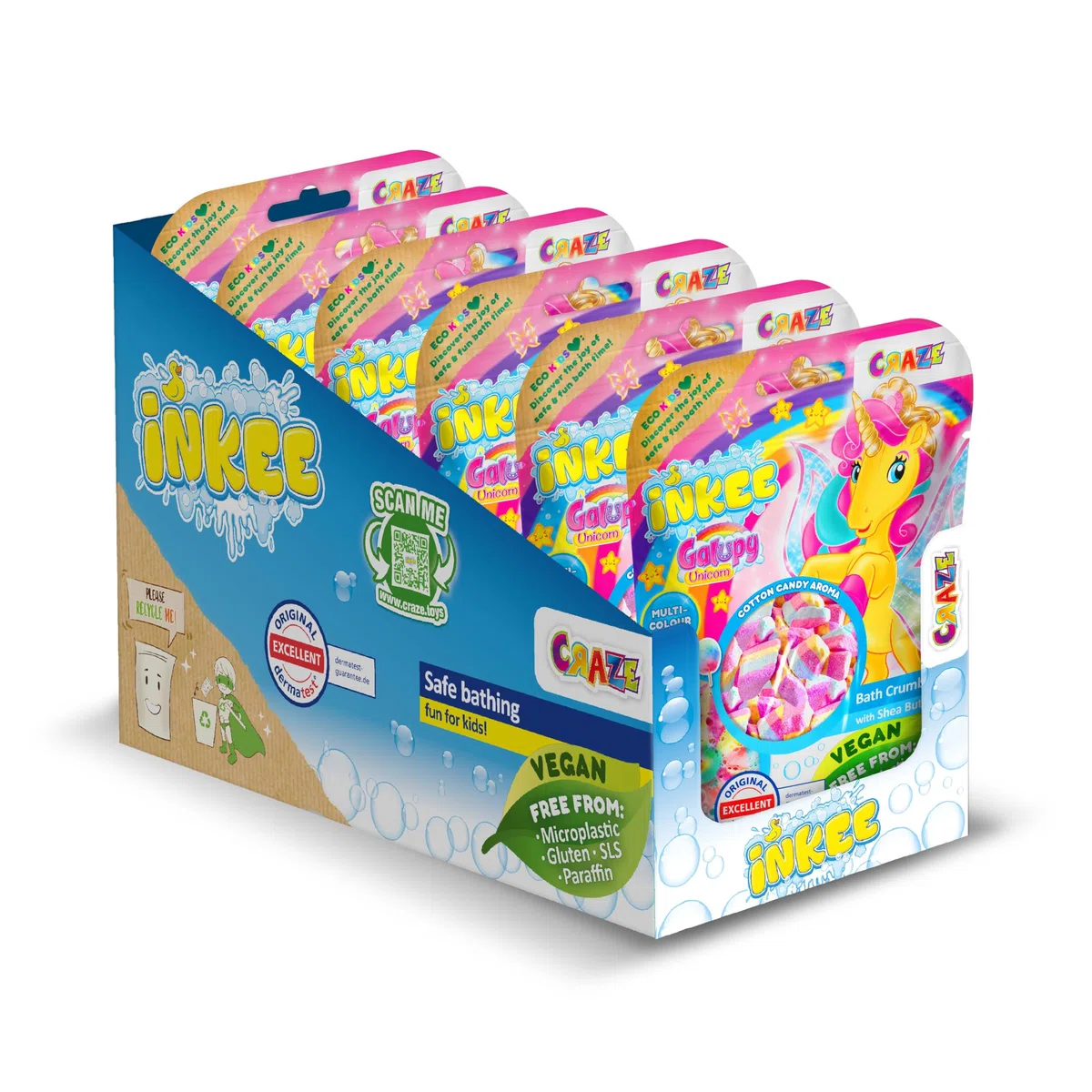 INKEE Galupy Unicorn Lot de 6 sachets de sels de bain pour enfants de 100 g avec 4 couches de couleurs - Arôme barbe à papa et beurre de cacao